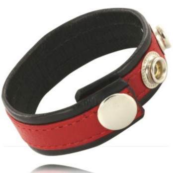 Leather Body Cock And Ball Strap With Snaps - Black And Red