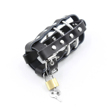 Ohmama Fetish Lockable Leather Penis Cage Metallic Rings