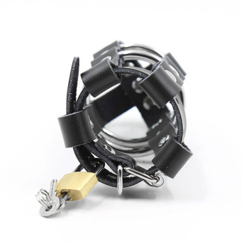 Ohmama Fetish Lockable Leather Penis Cage Metallic Rings