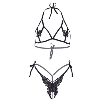 Leg Avenue Two Pieces Set Bra And Panty Of Butterflies  Pearls One Size - Black