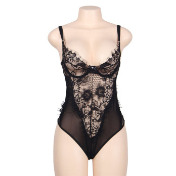 Subblime Queen Plus Floral Lace And Fringed Black Teddy