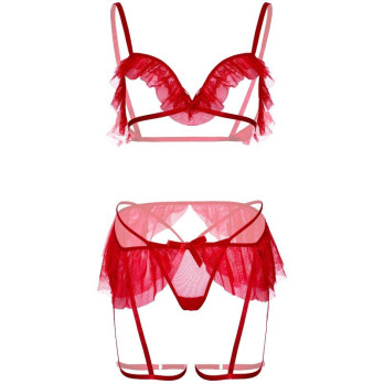 Leg Avenue Three Pieces Set Bra, G-String And Garter Belt