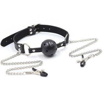 Ohmama Fetish Breatherable Ball Gag With Nipple Clamps